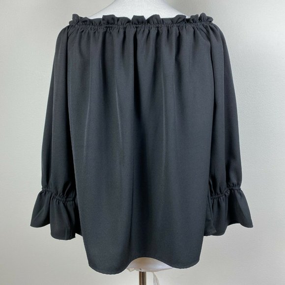 Lulus Top S Off The Shoulder Black Ruffle 3/4‎ Sleeve Solid Dressy Blouse - Picture 6 of 10